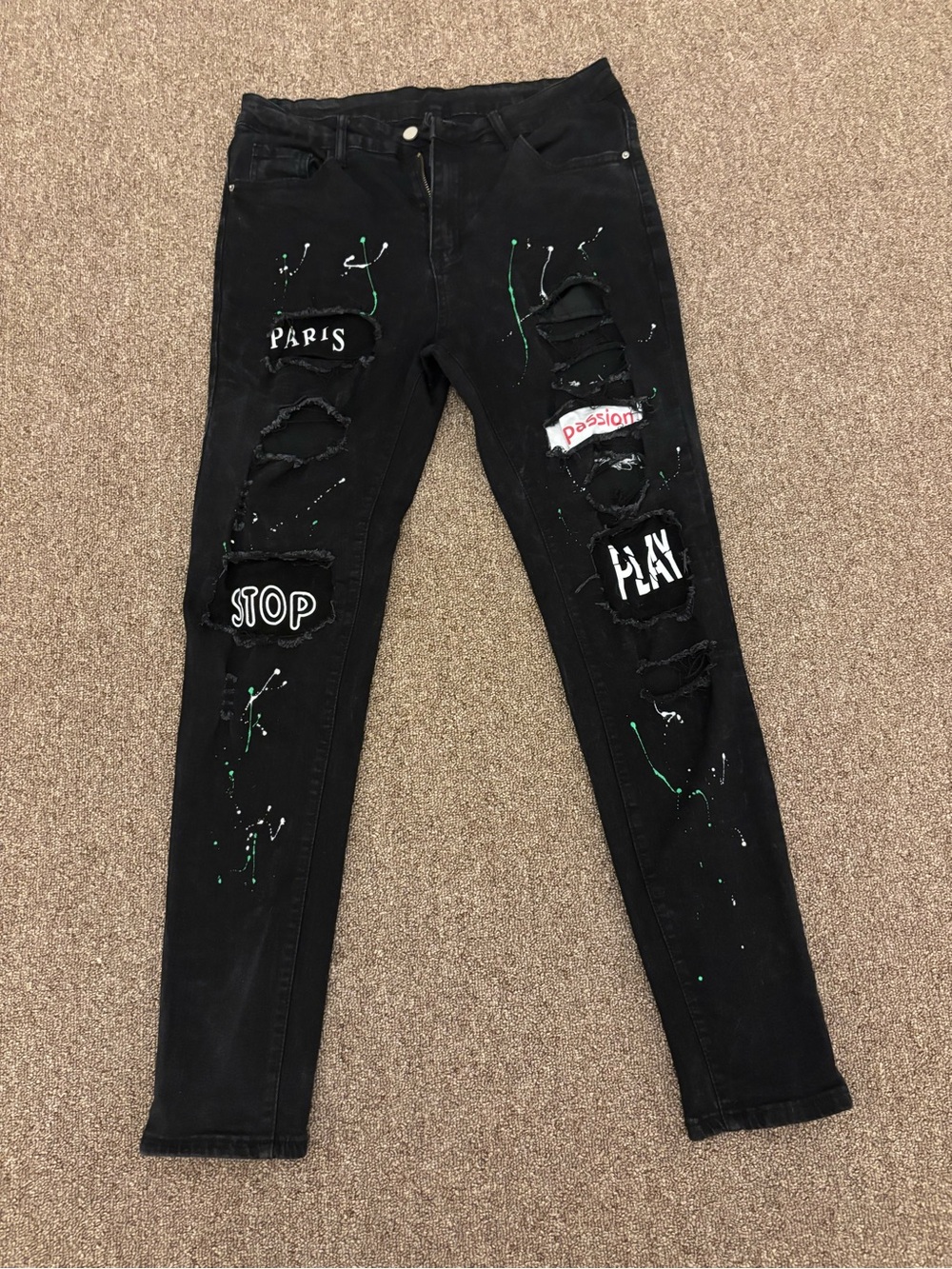 Black Distressed Patchwork Jeans with Paint Splatter